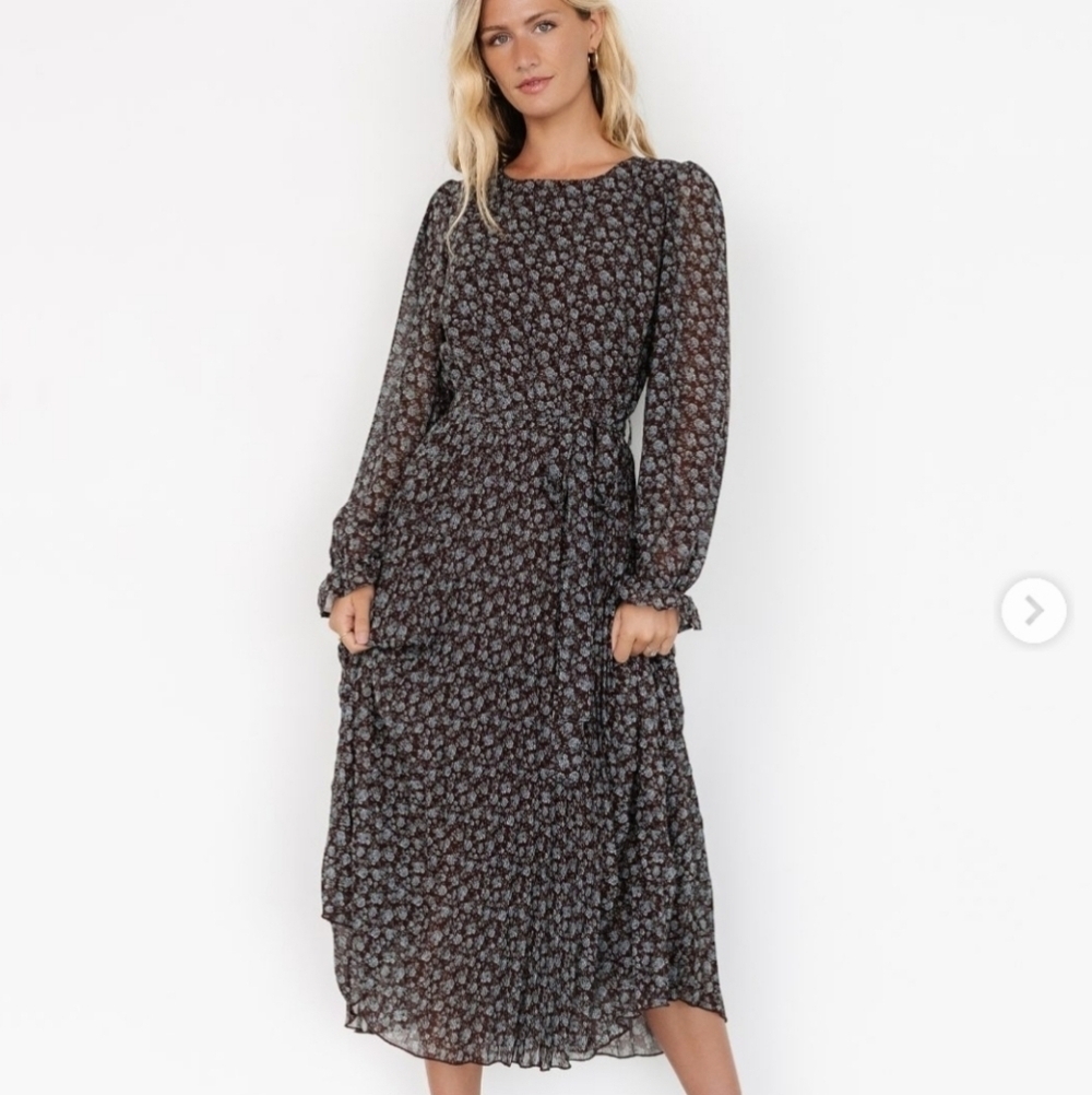 Baltic Born Edith Brown And Blue Floral Pleated Long Sleeve Dress